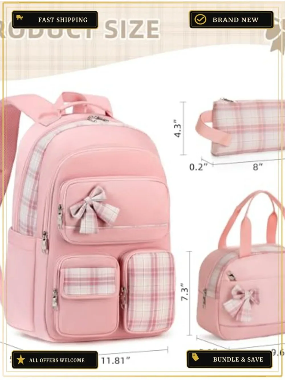 3-Piece Girls Backpack Set with Lunch Box Pencil Case, 15.6 inch Laptop School